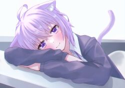 Rule 34 | 1girl, absurdres, ahoge, animal ear fluff, animal ears, black sweater, blush, cat ears, cat girl, cat tail, closed mouth, collared shirt, commentary request, crossed arms, crossed bangs, eyelashes, eyes visible through hair, hair between eyes, head rest, highres, hololive, light purple hair, long sleeves, medium hair, nekomata okayu, nekomata okayu (oversized shirt), purple eyes, purple tail, shirt, simple background, smile, solo, sparkling eyes, spiked hair, sweater, tail, togemaru34, virtual youtuber, white background, white shirt
