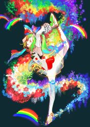 Rule 34 | 1girl, :d, absurdres, armpits, arms up, black gloves, colorful, detached sleeves, dress, gloves, green hair, highres, leg up, noir (ibaraki), open mouth, original, rainbow, red eyes, smile, solo, teeth
