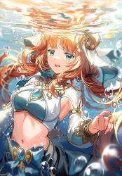 Rule 34 | 1girl, air bubble, aqua eyes, bad id, bad twitter id, blue bow, blue skirt, bow, breasts, brooch, bubble, circlet, crop top, floating hair, genshin impact, gold trim, harem outfit, horns, jewelry, long hair, long sleeves, looking at viewer, medium breasts, navel, neck ring, nilou (genshin impact), parted lips, puffy long sleeves, puffy sleeves, red hair, reflection, shrug (clothing), sidelocks, silence girl, skirt, solo, stomach, twintails, underwater, vambraces, veil, vision (genshin impact), water