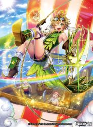 Rule 34 | 1girl, 3boys, bandana, bare shoulders, blonde hair, boots, copyright name, day, fairy, fairy wings, flower, force of will, gloves, goggles, goggles on head, green eyes, leaf, long hair, matsurika youko, mountain, multiple boys, official art, one eye closed, open mouth, pirate, rainbow, ship, sky, sparkle, star (symbol), sun, sword, teeth, water, watercraft, weapon, wings