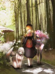 Rule 34 | 3girls, animal ears, barefoot, black dress, black footwear, black hat, black legwear, blazer, blonde hair, breasts, brown footwear, chinese clothes, completely nude, day, dress, embarrassed, feathered wings, flats, forest, hat, head tilt, heoningu, highres, holding hands, jacket, junko (touhou), kishin sagume, large breasts, leaning forward, leash, long hair, long sleeves, miniskirt, multiple girls, nature, necktie, nipples, nude, outdoors, pet play, pink hair, pink skirt, rabbit ears, red eyes, red neckwear, reisen udongein inaba, sash, shoes, silver hair, single wing, skirt, smile, standing, tabard, thighhighs, touhou, wide sleeves, wings, yuri, zettai ryouiki