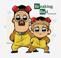 Rule 34 | 2boys, :3, absurdres, animification, arms behind back, artist name, bald, bkub (style), blue eyes, breaking bad, brown hair, closed mouth, copyright name, earrings, glasses, goggles, goggles on head, green eyes, highres, huyandere, jesse pinkman, jewelry, looking at viewer, multiple boys, poptepipic, short hair, single earring, walter white, zipper, zipper pull tab
