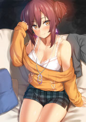 Rule 34 | 1girl, b-ginga, bare shoulders, blush, bra, breasts, brown eyes, brown hair, camisole, cleavage, closed mouth, collarbone, double bun, earrings, hair bun, hand up, idolmaster, idolmaster shiny colors, indoors, jewelry, large breasts, looking at viewer, necklace, off-shoulder, off-shoulder sweater, off shoulder, on bed, osaki amana, short shorts, shorts, sidelocks, sitting, sleeves past wrists, smile, solo, sweater, thighs, underwear