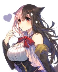 Rule 34 | 1girl, animal ears, bad id, bad twitter id, black hair, breasts, brown eyes, cleavage, closed mouth, corset, detached sleeves, frills, heart, large breasts, long hair, multicolored hair, original, pink hair, pursed lips, shikino yuki, simple background, solo, split-color hair, two-tone hair, underbust, upper body, white background