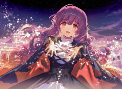Rule 34 | 1girl, :d, ainy, black dress, blush, breasts, brown eyes, brown hair, cape, cloud, commentary request, cowboy shot, cross-laced clothes, dress, gradient hair, hair between eyes, hijiri byakuren, light particles, long hair, looking at viewer, medium breasts, multicolored hair, night, night sky, open mouth, outdoors, purple hair, reaching, reaching towards viewer, sky, smile, solo, star (sky), starry sky, touhou, very long hair