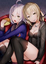 Rule 34 | 2girls, ahoge, aozora nan, artoria pendragon (all), artoria pendragon (fate), black dress, black legwear, black ribbon, blonde hair, blue jacket, breasts, burger, candy, dress, eating, fate/grand order, fate (series), food, fur trim, hair ribbon, highres, holding, holding food, indoors, jacket, jeanne d&#039;arc (fate), jeanne d&#039;arc alter (fate), jeanne d&#039;arc alter (ver. shinjuku 1999) (fate), jewelry, lollipop, long sleeves, looking at viewer, medium breasts, multiple girls, necklace, official alternate costume, open clothes, open jacket, open mouth, ponytail, ribbon, saber alter, saber alter (ver. shinjuku 1999) (fate), shiny skin, short hair, silver hair, thighhighs, wicked dragon witch ver. shinjuku 1999, yellow eyes