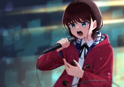 Rule 34 | 1girl, absurdres, black ribbon, blue eyes, blurry, blurry background, brown hair, collared shirt, commentary request, dress shirt, girls band cry, highres, holding, holding microphone, hood, hooded jacket, iseri nina, jacket, long sleeves, low twintails, microphone, music, nakiri hout, neck ribbon, open clothes, open jacket, open mouth, outdoors, rain, red jacket, ribbon, shirt, short hair, short twintails, singing, solo, teeth, twintails, upper body, wet, white shirt