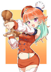 Rule 34 | 1girl, absurdres, bare shoulders, beret, chef hat, chicken (food), cowboy shot, detached sleeves, earrings, fried chicken, gazacy (dai), gradient hair, hat, highres, hololive, hololive english, jewelry, long hair, multicolored hair, navel, open mouth, orange hair, purple eyes, solo, takanashi kiara, takanashi kiara (1st costume), thighhighs, virtual youtuber, white thighhighs