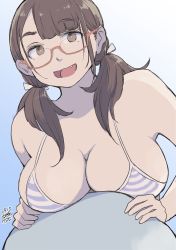 Rule 34 | 1girl, :d, ball, bikini, blue background, breasts, brown eyes, brown hair, dated, exercise ball, fang, glasses, gradient background, hadashi no kenji, highres, large breasts, looking at viewer, open mouth, original, red-framed eyewear, smile, striped bikini, striped clothes, swimsuit, twintails