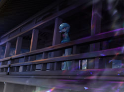 Rule 34 | 1girl, against railing, bob cut, bridge, closed mouth, colored skin, creatures (company), crossed arms, expressionless, female focus, flat chest, game freak, gardevoir, gen 3 pokemon, green hair, green skin, hair over one eye, highres, multicolored skin, night, nintendo, one eye covered, outdoors, pokemon, pokemon (creature), railing, red eyes, sax (sax e), short hair, solo, standing, two-tone skin, white skin