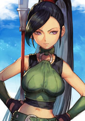 Rule 34 | 1girl, belt, black hair, blue sky, breasts, choker, cloud, cloudy sky, crop top, dragon quest, dragon quest xi, green belt, green choker, hand on own hip, high ponytail, holding, holding polearm, holding weapon, hungry clicker, looking at viewer, looking to the side, martina (dq11), navel, open mouth, polearm, ponytail, purple eyes, sky, solo, spear, square enix, weapon