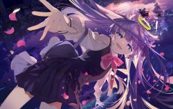 Rule 34 | 3girls, absurdres, blue eyes, city, fang, female focus, highres, long hair, looking at viewer, multiple girls, omutatsu, petals, purple hair, reaching, reaching towards viewer, second-party source, sky, solo focus, tuyu (band), twintails, upside-down
