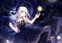 Rule 34 | 1girl, bare arms, bare shoulders, black bow, black dress, blush, bow, collarbone, commentary request, dress, glowing, hair between eyes, hair bow, hands up, highres, long hair, looking at viewer, mochizuki shiina, original, parted lips, pleated dress, purple eyes, sleeveless, sleeveless dress, solo, white hair