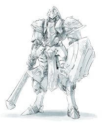 Rule 34 | absurdres, armor, chainmail, commentary request, full body, greaves, green eyes, helmet, highres, holding, holding shield, holding sword, holding weapon, ishiyumi, knight&#039;s &amp; magic, mecha, mecha request, no humans, pauldrons, robot, shield, shoulder armor, shoulder spikes, spikes, sword, weapon, white background