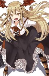 Rule 34 | 10s, 1girl, :d, arms behind back, bat wings, blonde hair, boots, fang, granblue fantasy, hair between eyes, head wings, highres, ichifuji nitaka (phase nine), knee boots, leaning forward, long hair, long sleeves, looking at viewer, open mouth, petticoat, pointy ears, shingeki no bahamut, shirt, simple background, skirt, smile, solo, vampire, vampy, white background, white shirt, wings, yellow eyes
