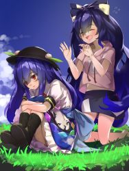 Rule 34 | 2girls, barefoot, behind another, black footwear, blue hair, blue skirt, blue sky, boots, bow, closed eyes, cloud, commentary request, day, debt, dress, expressionless, eyes visible through hair, flying sweatdrops, food, fruit, grass, hair bow, hands up, hat, highres, hinanawi tenshi, hood, hood down, hoodie, hugging own legs, kneeling, knees to chest, layered dress, leaf, long hair, looking down, looking to the side, miniskirt, multiple girls, open mouth, outdoors, peach, pink hoodie, piyodesu, red eyes, short sleeves, sitting, skirt, sky, touhou, very long hair, yorigami shion