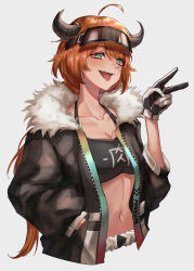 Rule 34 | 1girl, :d, absurdres, ahoge, arknights, bad id, bad pixiv id, bandeau, black jacket, blush, breasts, cleavage, commentary, croissant (arknights), cropped torso, expulse, fur-trimmed jacket, fur trim, gloves, green eyes, grey background, hair between eyes, halterneck, hand in pocket, hand up, highres, horns, jacket, long hair, long sleeves, looking at viewer, low ponytail, midriff, navel, open clothes, open jacket, open mouth, orange hair, simple background, smile, solo, stomach, tongue, upper body, v, visor cap