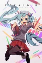 Rule 34 | 1girl, aqua hair, arisa (aren), bad id, bad pixiv id, character name, colored pencil, copyright name, foreshortening, green eyes, hat, hatsune miku, highres, jumping, long hair, necktie, open mouth, outstretched arm, pencil, skirt, solo, thighhighs, twintails, very long hair, vocaloid