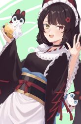 Rule 34 | 1girl, absurdres, animal ears, apron, black choker, black hair, black kimono, chloette, choker, commentary request, fangs, flower, hair flower, hair ornament, heterochromia, highres, inui toko, japanese clothes, kimono, long hair, long sleeves, low twintails, maid, maid headdress, nijisanji, obi, obiage, obijime, open mouth, partial commentary, red eyes, sash, smile, solo, twintails, upper body, very long hair, virtual youtuber, wa maid, waist apron, white apron, wide sleeves, yellow eyes