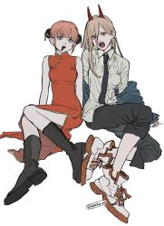 Rule 34 | 2girls, bare arms, black footwear, black necktie, black pants, blonde hair, blue eyes, blue jacket, boots, breasts, brown eyes, chainsaw man, china dress, chinese clothes, collared shirt, crossover, demon girl, double bun, dress, full body, gintama, hair between eyes, hair bun, hair ornament, highres, horns, jacket, jacket partially removed, kagura (gintama), long hair, long sleeves, looking at viewer, medium breasts, multiple girls, necktie, open mouth, orange hair, pants, pants rolled up, pelvic curtain, power (chainsaw man), red dress, red horns, sharp teeth, shirt, shoes, short hair, sitting, sleeveless, sleeveless dress, sneakers, tassel, tassel hair ornament, teeth, torohiko, v-shaped eyebrows, white background, white footwear, white shirt