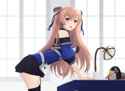 Rule 34 | 1girl, black gloves, black skirt, black thighhighs, blue shirt, blush, breasts, brown eyes, failure penguin, gloves, johnston (kancolle), kantai collection, light brown hair, long hair, looking at viewer, medium breasts, miniskirt, odachu, off shoulder, open mouth, pleated skirt, red eyes, school uniform, serafuku, shirt, single glove, skirt, solo, thighhighs, two side up