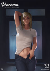 Rule 34 | 1girl, arm behind head, arm up, aya brea, blonde hair, blue eyes, breasts, contrapposto, denim, fingernails, highres, jeans, linea alba, lips, looking at viewer, makeup, mascara, medium breasts, medium hair, navel, nose, open fly, pants, parasite eve, pinup (style), shirt, solo, standing, strigi signum, t-shirt, taut clothes, taut shirt, toned, white shirt
