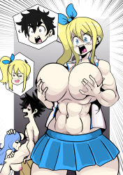 Rule 34 | 1boy, 2girls, absurdres, blonde hair, body switch, breasts, fairy tail, fellatio, grabbing own breast, gray fullbuster, highres, juvia lockser, large breasts, long hair, lucy heartfilia, multiple girls, onat, onatart, oral, penis, personality switch, smile