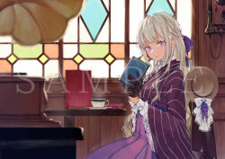 Rule 34 | 1girl, black gloves, blurry, blurry foreground, book, bow, braid, center frills, closed mouth, cup, dress, dress shirt, earrings, eyelashes, frills, gloves, grey hair, hair bow, hakama, hakama skirt, half gloves, haori, hat, high-waist skirt, highres, holding, holding book, indie virtual youtuber, indoors, japanese clothes, jewelry, lace-trimmed sleeves, lace trim, long hair, long sleeves, looking at viewer, obi, phone, phonograph, pleated skirt, purple bow, purple eyes, purple skirt, sample watermark, sash, shirt, sidelocks, sitting, skirt, smile, solo, stained glass, stud earrings, table, teacup, uni (melm), very long hair, virtual youtuber, watermark, wavy hair, white shirt, wide sleeves, yumeno you
