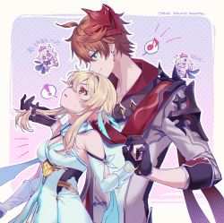 Rule 34 | !, 1boy, 2girls, absurdres, black gloves, blush, breasts, closed eyes, closed mouth, detached sleeves, dress, earrings, flying sweatdrops, genshin impact, gloves, hair between eyes, hair ornament, halo, hand in another&#039;s hair, hetero, highres, jacket, jewelry, lumine (genshin impact), mask, mask on head, medium breasts, multiple girls, musical note, natsukko 0606, orange eyes, paimon (genshin impact), parted lips, partially fingerless gloves, red mask, red scarf, russian text, scarf, short hair with long locks, simple background, single earring, smile, spoken exclamation mark, spoken musical note, sweat, tartaglia (genshin impact), upper body, wavy mouth, white dress