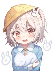 Rule 34 | 1girl, animal, blue shirt, blush, commentary request, hair between eyes, hair ornament, hat, holding, holding animal, holding rabbit, long sleeves, looking at viewer, mannack, open mouth, original, rabbit, rabbit-shaped pupils, rabbit hair ornament, red eyes, shirt, short hair, silver hair, solo, symbol-shaped pupils, tearing up, upper body, white background, yellow hat