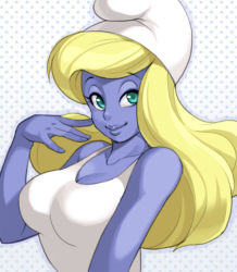 Rule 34 | 1girl, animification, aqua eyes, bad id, bad pixiv id, blonde hair, blue skin, breasts, cleavage, colored skin, dress, finger to face, green eyes, hand on own face, hat, large breasts, lips, long hair, maou alba, nose, smile, smurfette, solo, sundress, the smurfs, upper body, white dress