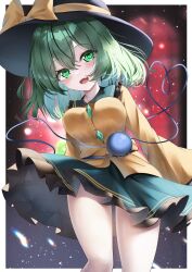 Rule 34 | 1girl, absurdres, black hat, bow, breasts, dfra, fang, green eyes, green hair, green skirt, hat, hat bow, heart, heart-shaped pupils, highres, komeiji koishi, large breasts, light particles, looking at viewer, shirt, short hair, skin fang, skirt, solo, symbol-shaped pupils, thighs, third eye, touhou, yellow bow, yellow shirt