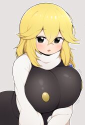 Rule 34 | 1girl, :3, black eyes, black hair, black skirt, black vest, blonde hair, blue bow, blush, bow, breasts, buttons, commentary request, cookie (touhou), cowboy shot, crossed bangs, grey background, hair between eyes, hair bow, highres, huge breasts, kirisame marisa, large breasts, long bangs, long hair, looking at viewer, madore, no headwear, open mouth, outline, shirt, simple background, skirt, skirt set, solo, touhou, turtleneck, vest, white outline, white shirt, yuuhi (cookie)