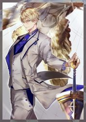Rule 34 | 1boy, ahoge, arthur pendragon (fate), blonde hair, blue eyes, blue necktie, excalibur (fate/prototype), fate/grand order, fate (series), formal, from side, gradient background, hair between eyes, holding, looking at viewer, male focus, necktie, pants, pixiv fate/grand order contest 2, pvc parfait, smile, solo, standing, suit, sword, weapon, white suit