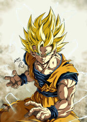 Rule 34 | 1boy, artist name, biceps, blonde hair, blue sash, blue shirt, blue wristband, closed mouth, collarbone, commentary request, dougi, dragon ball, dragonball z, electricity, energy, fighting stance, green eyes, hair between eyes, highres, looking at viewer, male focus, muscular, muscular male, pectorals, sash, scratches, seya (asasei 718), shirt, short sleeves, signature, smile, smirk, solo, son goku, spiked hair, standing, super saiyan, super saiyan 1, torn clothes, torn shirt, v-shaped eyebrows, wristband