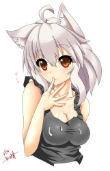 Rule 34 | 1girl, ahoge, animal ears, bare shoulders, black shirt, breasts, cleavage, collarbone, finger in own mouth, highres, inubashiri momiji, kuga zankurou, large breasts, looking at viewer, red eyes, saliva, sexually suggestive, shirt, short hair, signature, silver hair, simple background, solo, suggestive fluid, touhou, white background, wolf ears