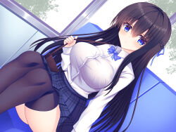 Rule 34 | 1girl, absurdres, bag, black hair, black skirt, black thighhighs, blue bow, blue bowtie, blue eyes, blush, bow, bowtie, breasts, collared shirt, commentary request, dot mouth, dutch angle, hair between eyes, highres, large breasts, legs together, long hair, long sleeves, looking at viewer, original, pleated skirt, school bag, school uniform, shirt, shitou kazuaki, sidelocks, sitting, skirt, solo, thighhighs, uniform, white shirt, window