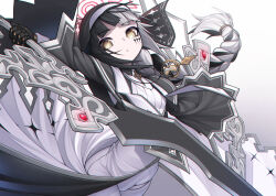 Rule 34 | 1girl, arrow cross, black capelet, black hair, borrowed character, braid, braided ponytail, capelet, celtic cross, coif, commission, cross, doll joints, facial mark, gradient background, habit, halo, highres, holding, holding weapon, hourglass, joints, long sleeves, looking at viewer, mitsukuni, multicolored hair, nun, original, parted lips, simple background, skeb commission, solo, stole, two-tone hair, veil, violet (ac8231), weapon, wide sleeves