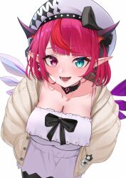 Rule 34 | 1girl, :d, beret, black bow, black choker, black pantyhose, bloom (irys), blue eyes, blunt bangs, bow, breasts, cardigan, choker, cleavage, collarbone, demon horns, detached wings, dress, earrings, fangs, gloom (irys), hands in pockets, hat, hat bow, heterochromia, highres, hololive, hololive english, horns, irys (casualrys) (hololive), irys (hololive), jewelry, lace, lace choker, large breasts, looking at viewer, mintz912, multicolored hair, official alternate costume, open cardigan, open clothes, open mouth, pantyhose, pin, pointy ears, purple hair, red eyes, red hair, short hair, simple background, smile, solo, sundress, symbol-shaped pupils, two-tone hair, virtual youtuber, white dress, wings