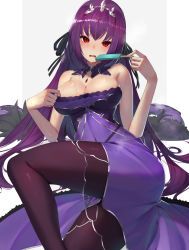 Rule 34 | 1girl, absurdres, black ribbon, blush, breasts, cleavage, dress, dress tug, fate/grand order, fate (series), feather trim, food, fur trim, hair between eyes, headpiece, highres, large breasts, looking at viewer, open mouth, pantyhose, popsicle, purple dress, purple hair, red eyes, ribbon, scathach (fate), scathach skadi (fate), scottie (phantom2), solo, sweat, nervous sweating, tiara