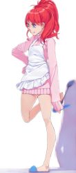 Rule 34 | 1girl, aikatsu!, aikatsu! (series), akinbo (hyouka fuyou), apron, from side, hand on own hip, high ponytail, highres, holding, kurebayashi juri, leg up, long hair, long sleeves, pink sweater, purple eyes, red hair, simple background, smile, solo, standing, standing on one leg, sweater, white apron, white background