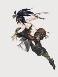 Rule 34 | 1girl, akali, arm tattoo, belt pouch, black hair, breasts, bridal gauntlets, closed mouth, crop top, expressionless, eyeliner, eyeshadow, fighting stance, fingerless gloves, full body, gloves, green gloves, green pants, green ribbon, green shirt, grey background, hair between eyes, hair ribbon, highres, holding, holding scythe, holding weapon, incoming attack, kama (weapon), knife, kunai, league of legends, long hair, makeup, moguru0808, ninja, no mask, pants, ponytail, pouch, ribbon, rope belt, scythe, shirt, shoulder tattoo, sickle, simple background, smoke bomb, solo, tattoo, throwing, throwing knife, weapon
