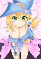 Rule 34 | 1girl, :d, absurdres, bad id, bad pixiv id, bare shoulders, blonde hair, blush stickers, boots, breasts, bubble, card, choker, cleavage, dark magician girl, duel monster, gem, green eyes, groin, hair between eyes, hat, highres, kneeling, large breasts, long hair, looking at viewer, off shoulder, open mouth, pentacle, pentagram, pink skirt, sitting, skirt, smile, solo, staff, vambraces, wizard hat, yu-gi-oh!