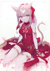 animal_ears back_bow bare_shoulders bow breasts brown_hair cat_ears cat_girl cat_tail facial_mark falling_petals final_fantasy final_fantasy_xiv fingerless_gloves funa_(sakana) gloves hair_intakes hair_ribbon highres jewelry leg_warmers looking_at_viewer medium_breasts miqo&#039;te necklace original petals ponytail purple_eyes red_bow red_footwear red_gloves red_leg_warmers red_ribbon red_shirt red_shorts ribbon shirt shorts sitting sleeveless sleeveless_shirt solo tail thigh_strap tongue tongue_out wariza warrior_of_light_(ff14) whisker_markings