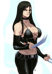 absurdres angry black_bustier black_choker black_gloves black_hair black_pants bustier choker claws clenched_hands elbow_gloves fingerless_gloves gloves grey_eyes highres laura_kinney long_hair looking_to_the_side marvel navel pants signature tovio_rogers x-23 x-men