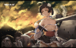 Rule 34 | 10s, 1girl, black hair, breasts, breasts apart, clothed female nude male, clothes pull, cloud, collarbone, convenient censoring, cowboy shot, flower, hair flower, hair ornament, highres, hk (hk), japanese clothes, kabane, kimono, koutetsujou no kabaneri, long sleeves, looking at viewer, md5 mismatch, multiple boys, mumei (kabaneri), naked kimono, no bra, nude, obi, off shoulder, open clothes, open kimono, outdoors, pulling own clothes, revision, ribbon, sash, shirt pull, short hair, small breasts, solo focus, thighs, topless, undressing, wide sleeves, yellow eyes, zombie