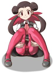 Rule 34 | 10s, 1girl, breasts, brown hair, creatures (company), crotch, crotch seam, full body, game freak, gym leader, hair slicked back, hugging own legs, leg hold, light smile, long hair, looking at viewer, mary janes, necktie, nintendo, panties, panties under pantyhose, pantyhose, pink pantyhose, pokemon, pokemon oras, red eyes, red pantyhose, refuto, roxanne (pokemon), school uniform, shoes, simple background, sitting, smile, solo, thigh gap, twintails, underwear, upskirt, white background