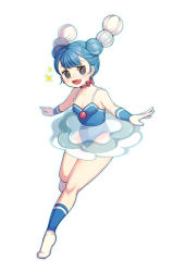 Rule 34 | 1girl, blue eyes, blue hair, blush, breasts, brionne, cleavage, creatures (company), earrings, full body, game freak, gen 7 pokemon, gloves, highres, jewelry, jiji (wldms9313), looking at viewer, medium breasts, multicolored hair, nintendo, open mouth, personification, pokemon, smile, socks, solo, two-tone hair, white gloves, white hair, white socks