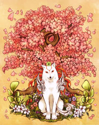 Rule 34 | amaterasu (ookami), animal, cherry blossoms, flower, issun, no humans, ookami (game), susutake (pixiv), tree, wolf