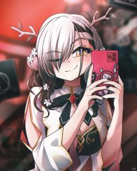 Rule 34 | 1girl, alternate costume, alternate hair color, antlers, black hair, black nails, blush, braid, braided bangs, breasts, brown eyes, cellphone, ceres fauna, cleavage, closed mouth, highres, holding, holding phone, hololive, hololive english, horns, large breasts, looking at viewer, mole, mole under eye, multicolored hair, nail polish, one eye closed, phone, ryou sakai, single braid, smartphone, smile, solo, upper body, virtual youtuber, white hair